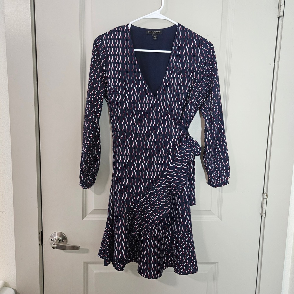 Banana Republic Navy Pink Dash Print Ruffle Wrap Dress 2P Long Sleeve V-Neck